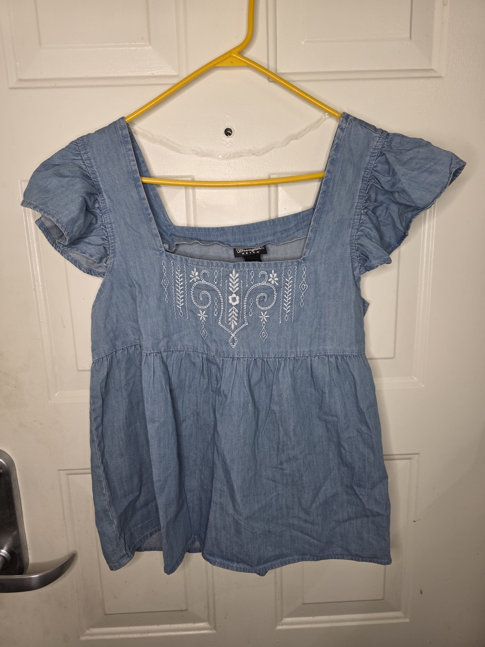 Wrangler Light Blue Chambray Embroidered Square-Neck Blouse